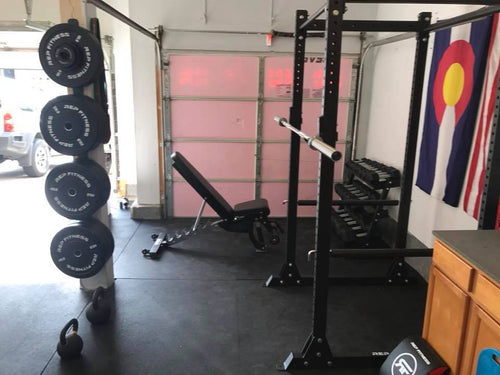 A side view of a budget friendly home gym setup.