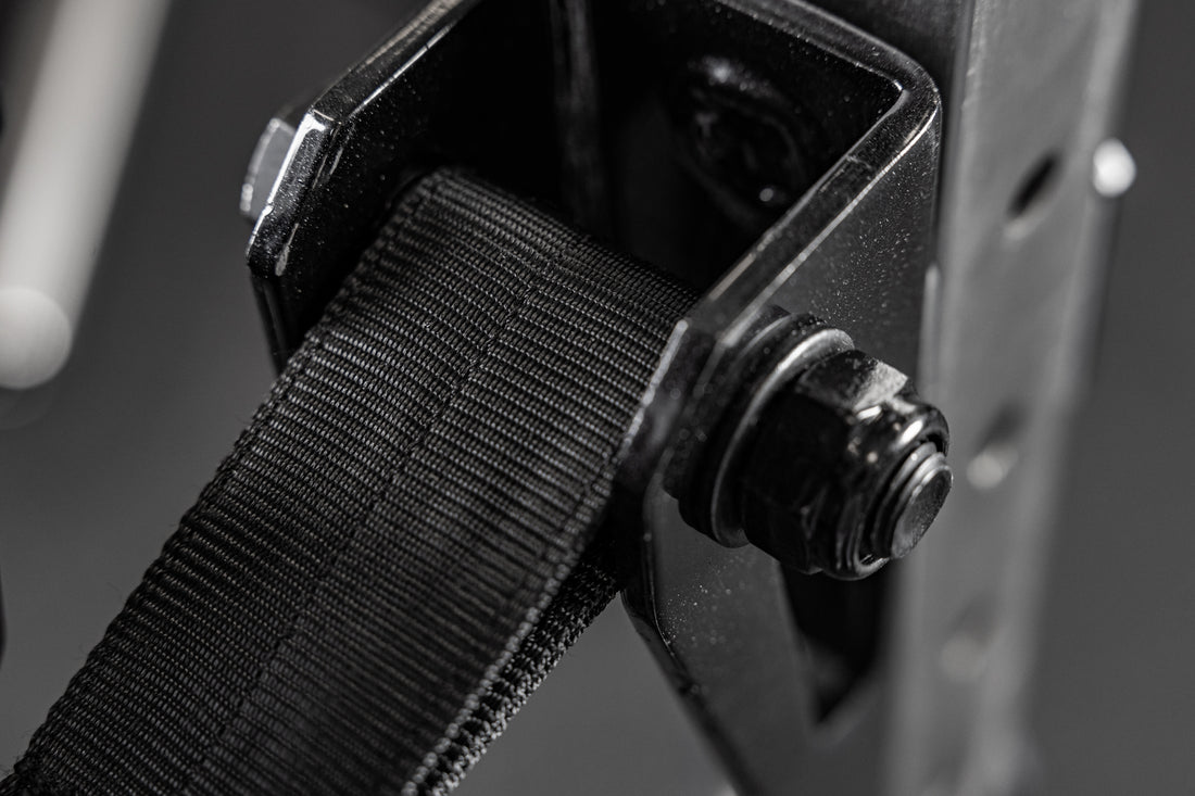 Close-up of the REP Fitness Altitude™ Power Rack Strap Safeties bolt hardware