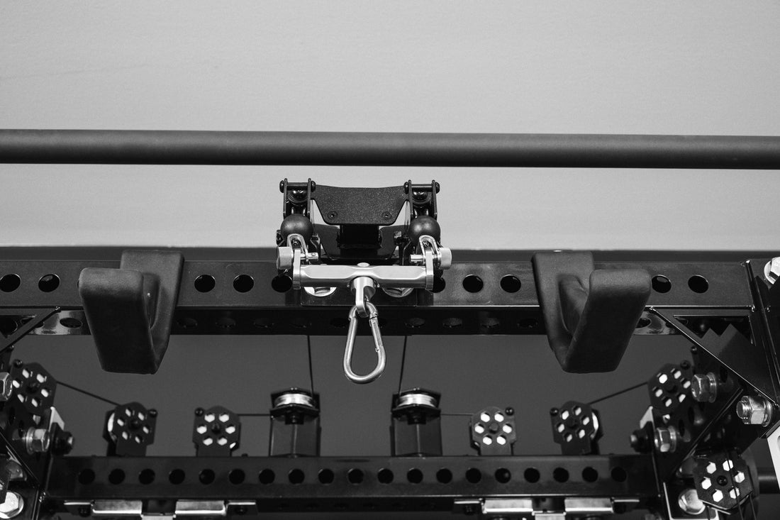 Close-Up of Spacing from Pull-up bar utilizing the Pull-up Bar Extension Brackets to the top Pulley and Lat Bar Holder on the Ares 2.0