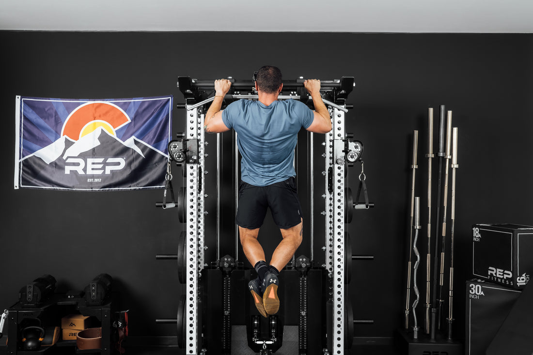 Close-Up of  Pull-Ups being performed on Ares 2.0 4-Post Pull-Up Bar and Pull-Up Bar Extension Brackets 