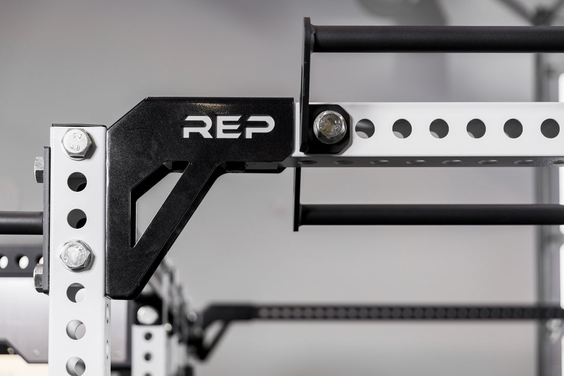 The REP Fitness Rack Crossmember Connectors with pull-up bars installed