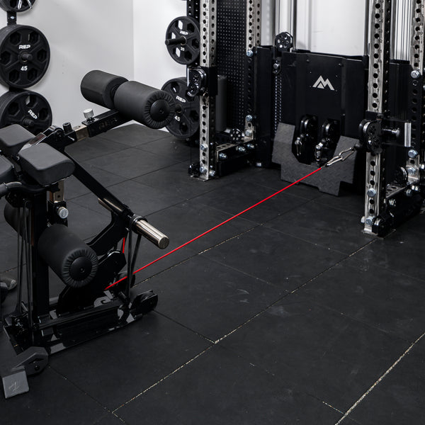 Ares 2.0 cable trolley attached to the Leg Extension & Leg Curl Bench Attachment Cable Kit