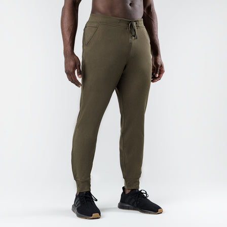 The REP Fitness Men's Attis Joggers in Heather Olive front, waistband detail