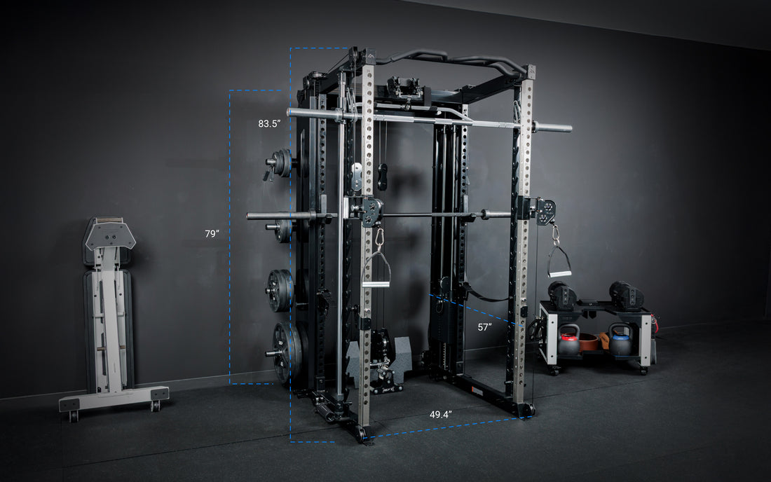 A White REP Fitness Altitude™ Power Rack in a garage home gym