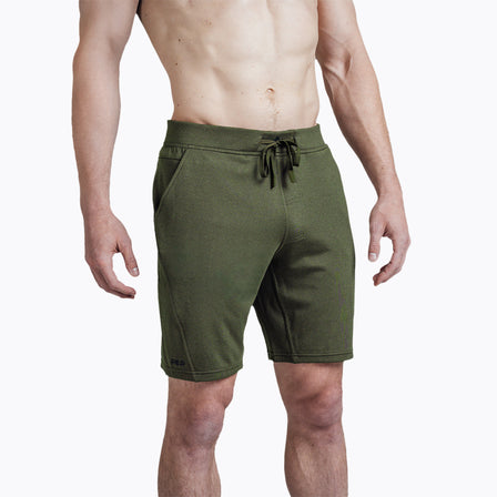 The REP Fitness Men's Attis Shorts in Heather Olive on body