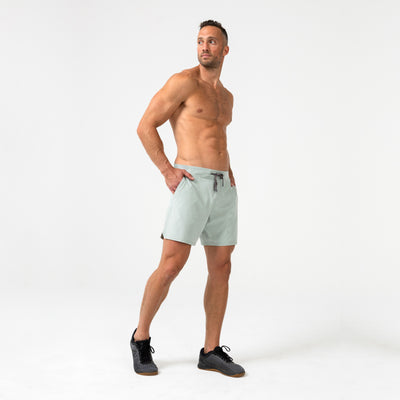 The REP Fitness Men's Pinnacle Shorts in Aqua Gray on body, pocket detail