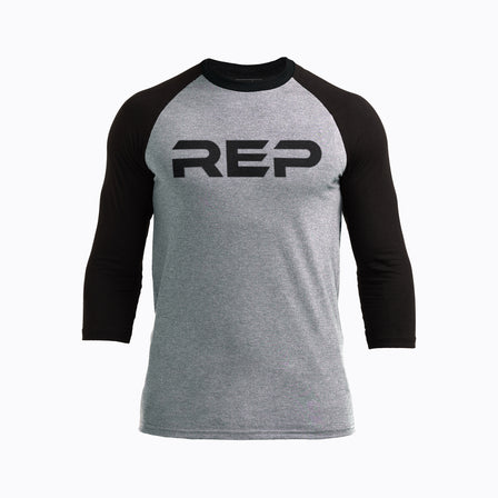 The REP Fitness Men's Daily Driver ¾ Sleeve Tri-Blend Crew T-Shirt in Heather Gray/Black front