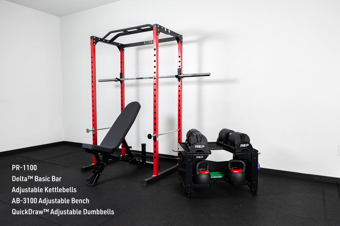 The REP Fitness Trailhead Gym Package with the PR-1100 in red and the AB-3100 Adjustable bench