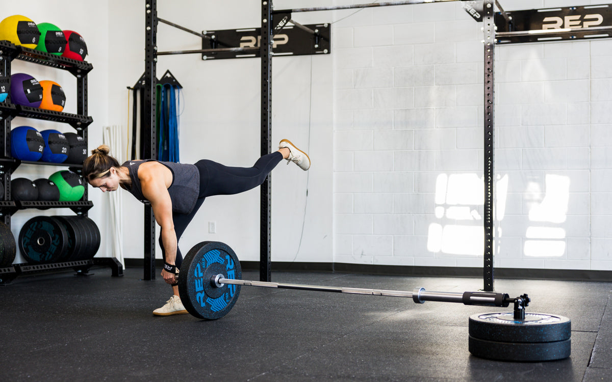 An athlete performing single leg RDLs with the Free Standing REP® x Kleva Built® Adroit Landmine
