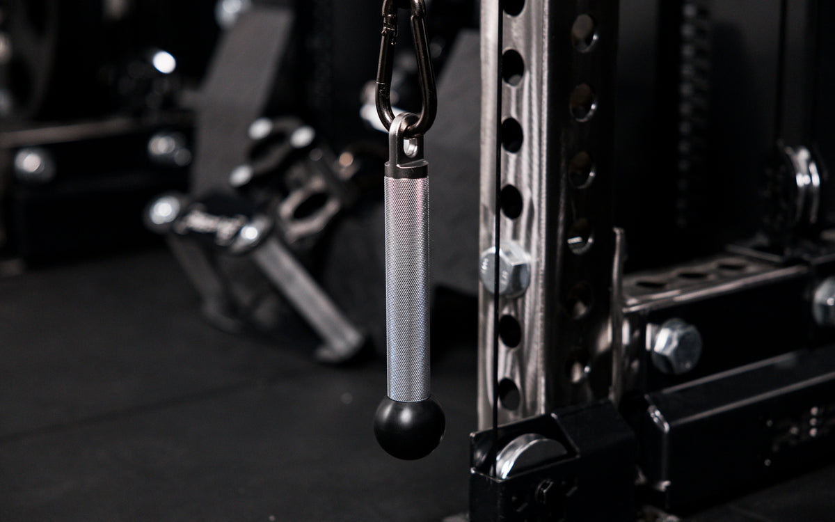 The REP® x Kleva Built® ISO Pushdown Grip in a low rack orientation on a REP Ares™ 2.0 cable attachment