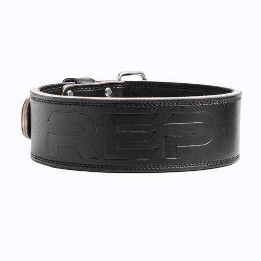 Studio-shot: REP Leather Lifting Belt in Black with stainless-steel hardware and a debossed REP logo on a white background