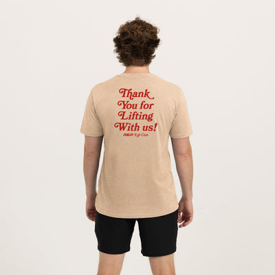 The REP Fitness Lift Club Tri-Blend Crew T-Shirt in Heather Desert/Red back, on model