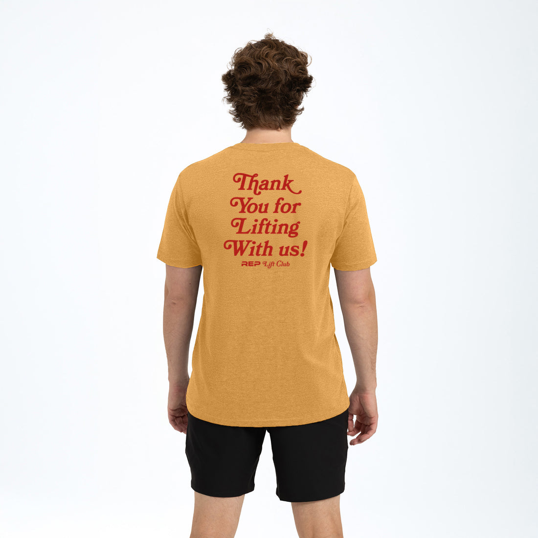 The REP Fitness Lift Club Tri-Blend Crew T-Shirt in Heather Ochre/Red back, on model