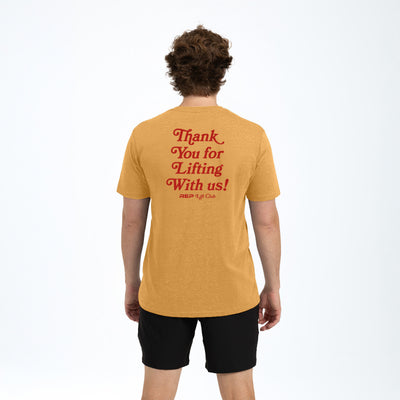 The REP Fitness Lift Club Tri-Blend Crew T-Shirt in Heather Ochre/Red back, on model