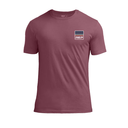 The REP Fitness Rise Tri-Blend Crew T-Shirt in Heather Maroon/Blue front, flat shot