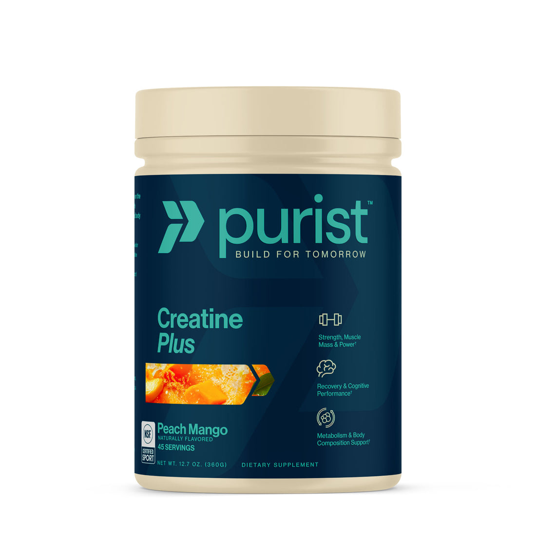 Purist® Creatine Plus supplement container with peach mango flavor on a white background