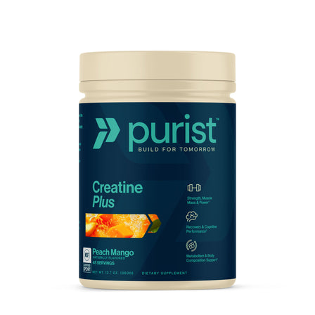 Purist® Creatine Plus supplement container with peach mango flavor on a white background
