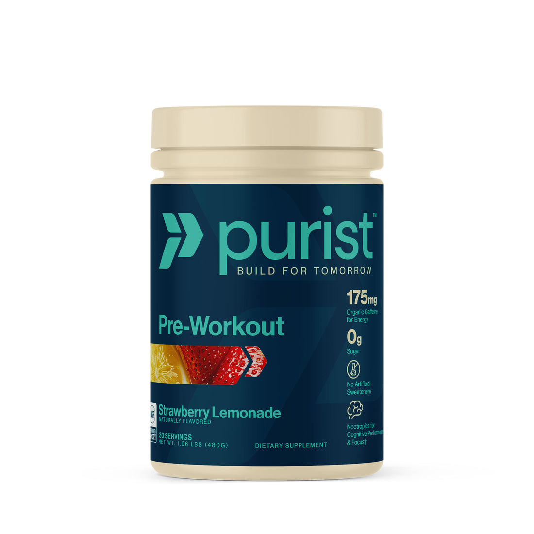 Purist® Pre-workout Strawberry Lemonade supplement container with 'purist' branding on a white background