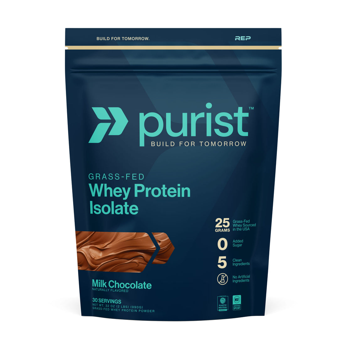 Purist® grass-fed whey protein isolate milk chocolate package on a white background