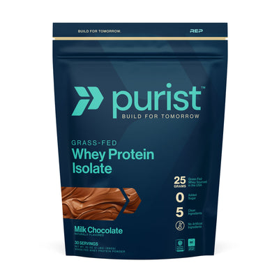 Purist® grass-fed whey protein isolate milk chocolate package on a white background