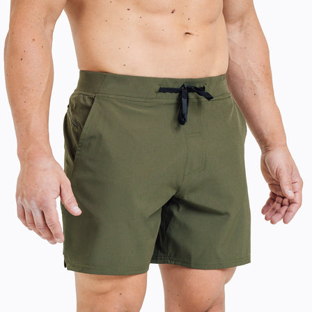 The REP Fitness Men's Pinnacle Shorts in Olive on body