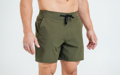 The REP Fitness Men's Pinnacle Shorts in Olive on body