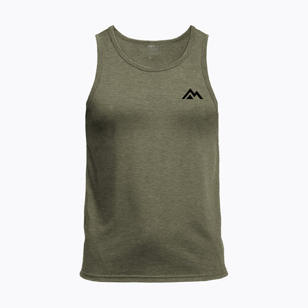 The REP Fitness Men's Peak Tri-Blend Tank in Heather Olive/Black front, flat lay