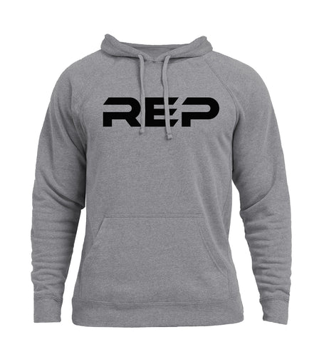 The REP Fitness Unisex Daily Driver 2.0 Pull Over Hoodie in Heather Gunmetal/Black front, flat lay