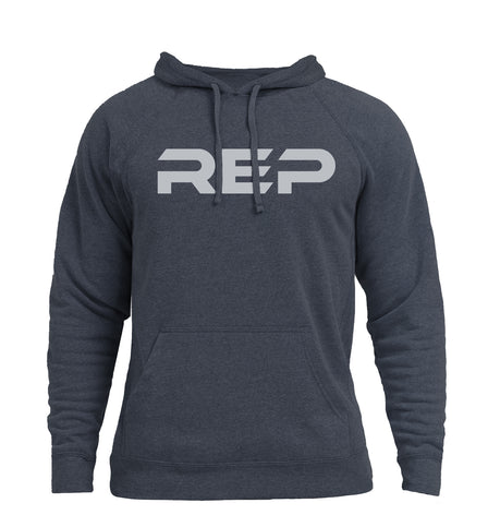 The REP Fitness Unisex Daily Driver 2.0 Pull Over Hoodie in Heather Navy/Silver front, flat lay