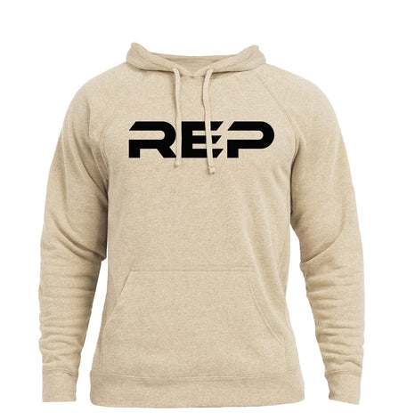 The REP Fitness Unisex Daily Driver 2.0 Pull Over Hoodie in Heather Stone/Black front, flat lay