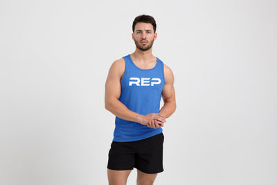 The REP Fitness Men's Daily Driver Tri-Blend Tank in Heather Azure/White fon body