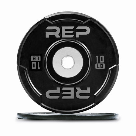 Studio-shot: Front and side profile of a yellow 35 lb REP Sport Bumper Plate 2.0 on a white background