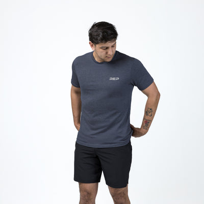 The REP Fitness REP Short-sleeve Tri-Blend Crew T-Shirt in Heather Navy/Silver on body