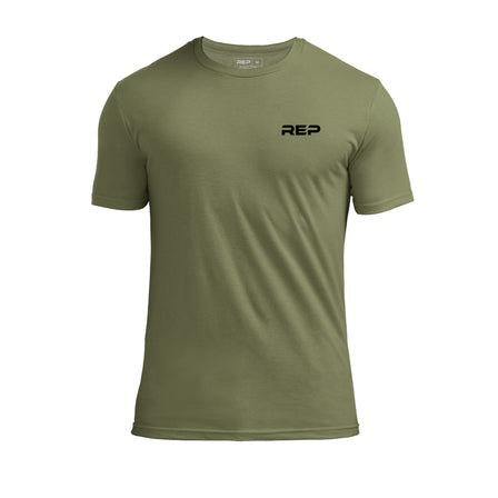 The REP Short-sleeve Tri-Blend Crew T-Shirt in Heather Olive/Black front