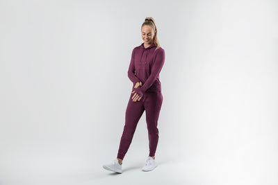 The REP Fitness Women's Vellus Hoodie in Heather Wine front