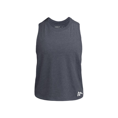 The REP Fitness Women's Peak Cropped Dual-Blend Tank in Heather Navy/White front