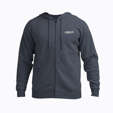 The REP Fitness Unisex Zip Hoodie in Heather Navy/Silver front