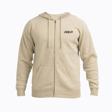 The REP Fitness Unisex Zip Hoodie in Heather Stone/Black front