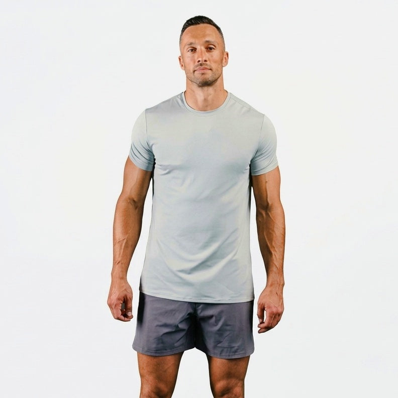 The REP Fitness Men's Delta Shirt in Aqua Gray close-up