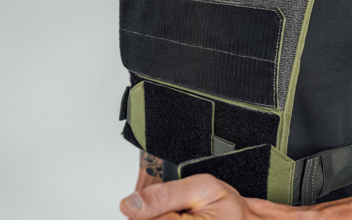 Close up of the front hook and loop closure on the Strata Weight Vest